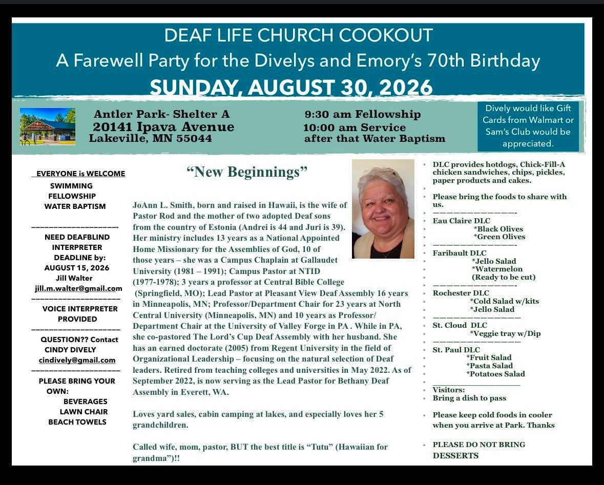 Deaf life church cookout and farewell party for the Divelys and Emory’s 70th birthday