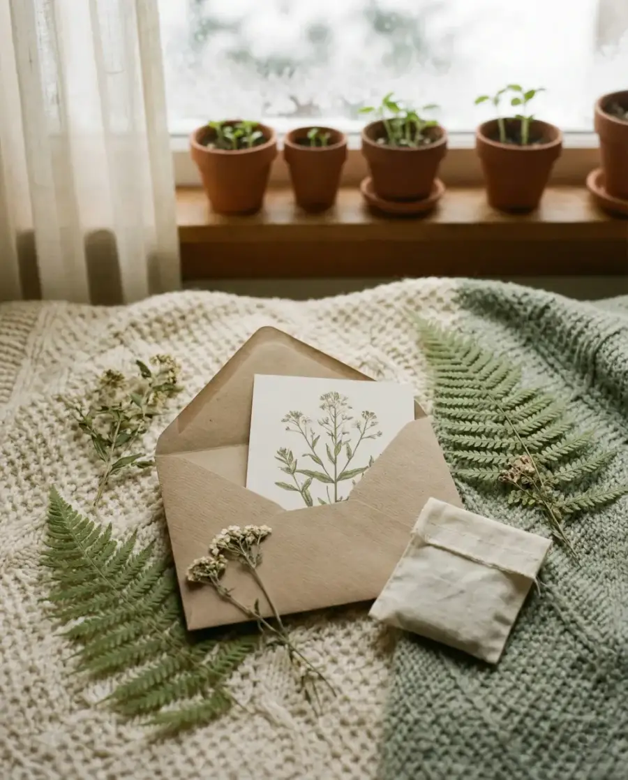 A botanical letter with pressed flowers, ferns, and seed packets on a cozy knit blanket by a windowsill with seedlings